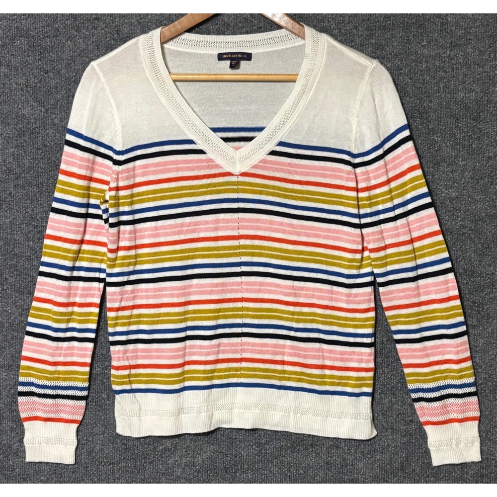 Skies Are Blue Womens M Sweater White Multi Color Striped V-Neck Knit